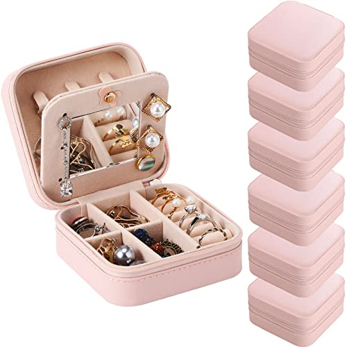 Hillban Bridesmaid Gifts Jewelry Box with Mirror, PU Leather Small Travel Jewelry Case Organizer Storage for Women Girls(Pink,6 Pcs)