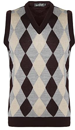 New Men Sleeveless Knitted V-Neck Argyle Pattern Jumper Top Sweater Vest with Ribbed Edge UK Size S M L XL