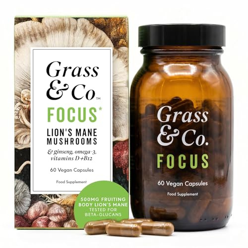Grass & Co. Lions Mane Supplement Mushroom 600mg Capsules with Vitamin D, Vegan Omega 3, Vitamin B12 & Ginseng for Focus and Cognitive Health Support, 60 Capsules, 30 Servings