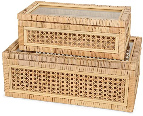 Large Handwoven Boho Rattan Display Boxes with Glass Lids - Set of 2 Rectangular Decorative Storage Bins - Natural Woven Cane Home Decor Organizers (15.55 x 9.64 x 5.9 & 12.48 x 6.88 x 4.52)