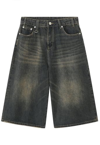 CABULE Pantaloni Corti Svasati Stile Coreano Estivi da Uomo, a Gamba Larga, Larghi e retrò, Effetto vissuto-Old Blue-M