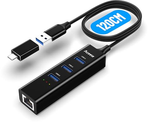 Aceele Adaptateur USB vers Ethernet, rallonge de 3.3ft, Hub USB 3 Ports répartiteur USB 3.0 RJ45 + Adaptateur réseau Gigabit Ethernet, avec Adaptateur USB Type C, Compatible Windows, MacBook, Surface