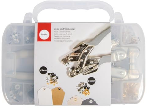 Rayher Loch- und Ösenzange im Plastikkoffer, inklusiv. 160 Ösen, 3 + 5 mm ø, Lochzange, Lochø 3+5 mm, Universalwerkzeug stanzt präzise Löcher und setzt Ösen, Metall-Lochzange, Stanzer 69286000