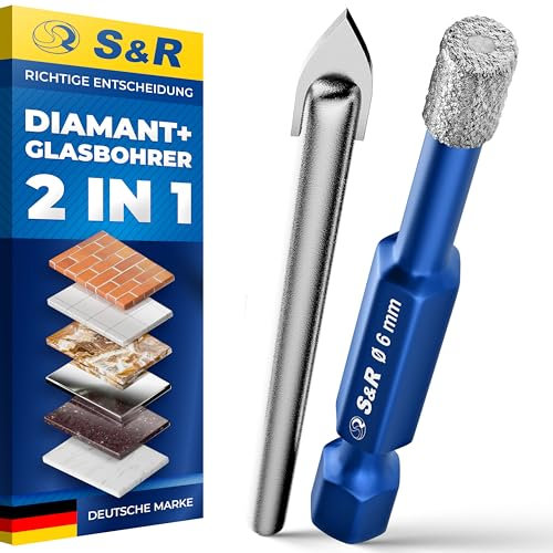 S&R Set di 2 Punte Trapano: 1 Diamantata 6mm e 1 Centraggio Vetro. Punte Gres Porcellanato Piastrelle Ceramica Granito Marmo Vetro Professionali.