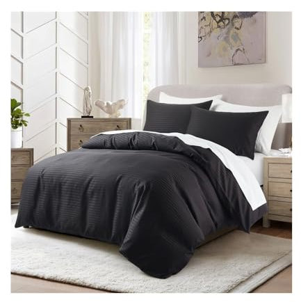 Suave Juego de Cama Reversible de 2 o 3 Piezas con Funda nórdica de satén de Color Puro, súper Suave y de Lujo con Rayas sedosas. Ropa de Cama(Negro,US King(264x229cm))