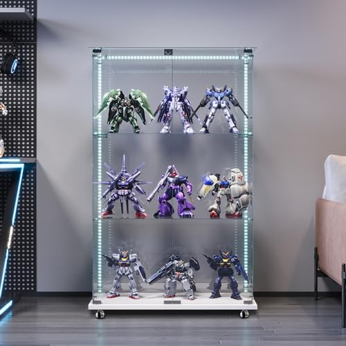 Vetrina in Vetro con LED, Armadio in Vetro da Esposizione con 2 Ante 3 Ripiani Vetrinetta con Serratura Vetrinetta per Collezionismo Vetrina Soggiorno Moderna (Bianco, striscia luminosa + ruote)