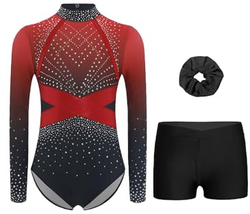 Linjinx Maillots de Gymnastique Trois Pièces Enfant Fille Justaucorps Ballet Classique Manches Longues Patinage Artistique Danse Costume Spectacle Tenue 5-16 Ans Rouge 15-16 ans