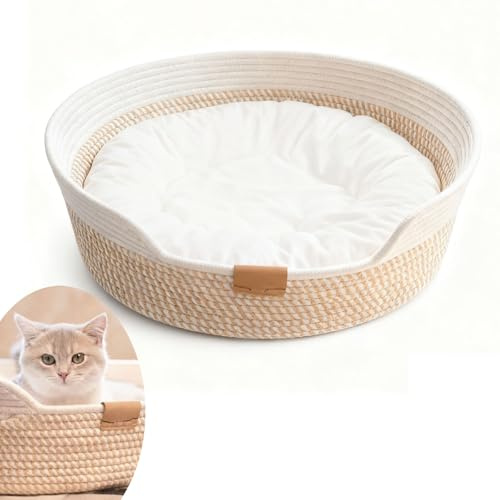 Xusxes Letto per Gatti in Corda di Cotone, Cuccia per Gatti con Cuscino, Lettino per Gattis, 40 cm, Lavabile, per Dormire Tutti i Gattis, con Cuscino, Universale per Tutte le Stagioni (Bianco)