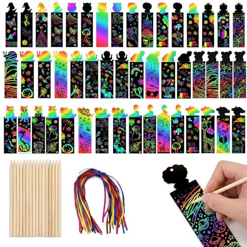 48 Pcs Scratch Art Bookmarks Rainbow Paper Set with Wooden Stylus and Ribbons, Animal Craft DIY Scratch Paper Art Tags for Party Favors Classroom Activities Creative Drawing and Decorative Hanging Use