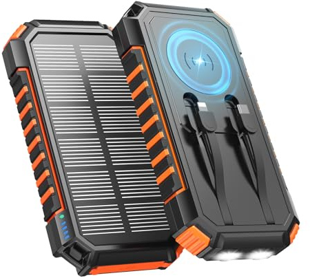Cargador-Solar-Power-Bank-20000mAh - A ADDTOP 22,5W USB C Carga Rápida Batería Externa Inalámbrica con 2 Cables Integrado y Linternas, Cargador Portátil para Teléfono Tabletas (Naranja)