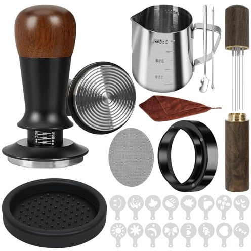 Y-Step Juego de prenso, 51 mm, cafetera de barista con jarra de espuma, herramienta WDT, anillo dosificador, pantalla de puck, juego de arte latte, tapete, agitador de café, paño barista
