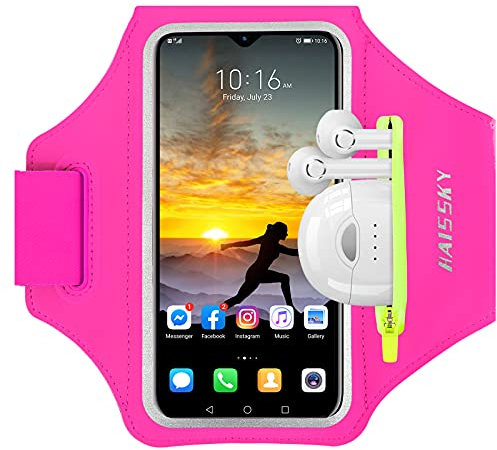 HAISSKY Brazalete Deportivo para Correr con Bolsa de Auriculares, Brazalete Móvil Deportivo Ajustable para iPhone 16 Pro MAX 15 Pro 14 13 12 11 Plus, Galaxy S25/S24/S23/S22, hasta 6,9 (Rosa)
