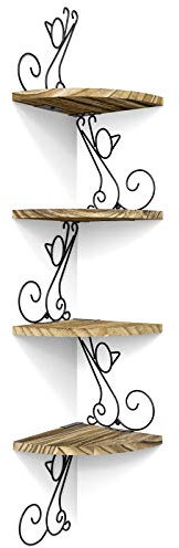 Alsonerbay Corner Shelf Wall Mount of 4 Tier Rustic Wood Floating Shelf Cat Shape Metal Stand for Bedroom Living Room Bathroom Kitchen Office and More Carbonized Black