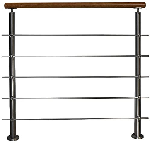 TIBU Edelstahl Geländer Aufmontage mit Eiche Handlauf und waagerechten Streben für Balkon Terrasse Treppe mit 5 Streben 1,8 m mit 2 Pfosten