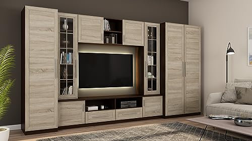 eMeblast Wohnwand Neptun - Schrankwand - Vitrinen - Hängeschrank - Wohnzimmer - Klassisches Design - Elegant Möbel - Wohnzimmerschränke - BxHxT 370x200x52-2 Schränke - TV-Lowboard - Anbauwand