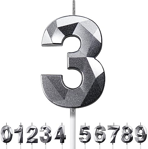 Birthday Candles for Cakes 0-9 Number Candles Silver Birthday Cake Candles for Anniversary Birthday Party Decorations Cake Toppers Number 3 Cake Candles