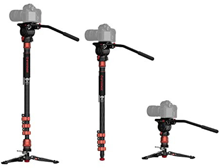 IFOOTAGE Einbeinstativ mit Standfuß Cobra 3 C180F-P+K5S, Kohlefaser Einbeinstativ Kamera 71/181cm mit Kugelkopf Komodo Head,Maximale Belastung 17,64 lbs/8 kg