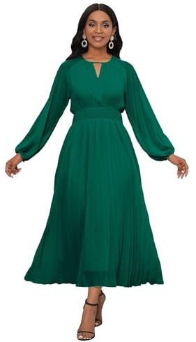 VERWIN Chiffon Dresses for Women Long Sleeve Round Neck Maxi Dress Elastic Waist Pleated A Line Flowy Dress XL Green