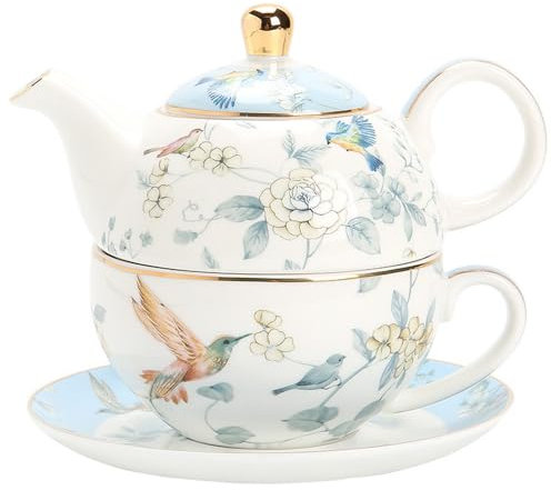 Tea for One - Juego de tetera y taza, porcelana de 450 ml, taza de té de 300 ml, regalos para mujeres, juego de té de la tarde, cerámica, apto para lavavajillas, azul celeste