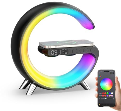 Smiling Shark Intelligente LED Sveglia Luce, Lampada Sveglia Atmosfera con Altoparlante Bluetooth & Ricarica Senza Fili Controllo App Dimmerabile Smart Wake Up Light per Casa Decorazione Regalo