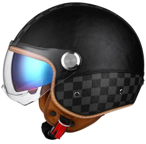 Retro Motorrad Halbhelme Motorradhelm Für Herren Und Damen DOT/ECE-Zertifizierung Leder Jethelm Halbschalenhelm Braincap Mit Sonnenblende Moped Scooter Offenem Helm 12,M:57-58CM