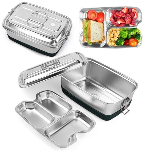 Edelstahl Brotdose 2000ML, Doppelte Metall Lunchbox mit 3 Fächern, Auslaufsichere Brotzeitdose mit Dichtungsring für Lebensmittel Sandwich Salat Obst, Protable Bento Box für Kinder und Erwachsene