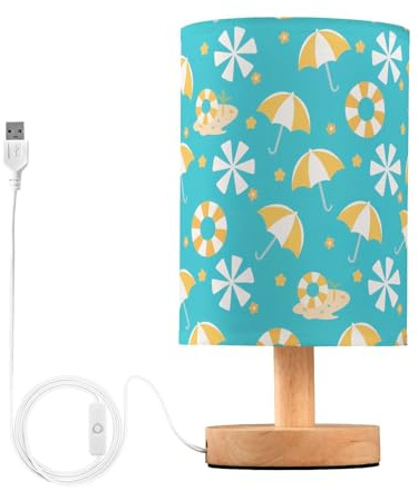 ALAZA Teal Swimming Ring Yellow Parasol Bedside Table Lamp for Bedroom Living Room Nightstand LED Light Lamps,Bedside Lamps with USB Port Linen Fabric Shade Table Desk lamp for Office Dorm