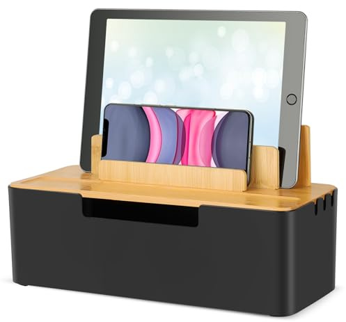 CRROEL Cable Tidy Box,Cable Management Box with Dual-Purpose Lid for Phones/Tablets/Smartwatches/Book, Desktop Cord Organizer for Tidy Workspace (Black)