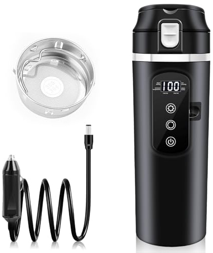 Bollitore elettrico da viaggio per auto, 12 V/24 V, 500 ml, con filtro, fodera in acciaio inox 304, accendisigari, tazza da caffè portatile, fino a 100 ℃ per auto, camion, taxi, controllo della