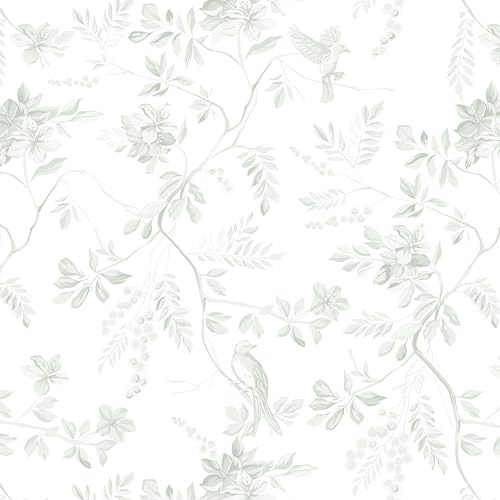 Dimoon 17.3''x393'' Green Peel and Stick Wallpaper Floral Modern Sage Light Green Contact Paper White Bird Wallpaper Removable Renter Friendly Waterproof Embossed Kitchen Bedroom Bathroom Vinyl Roll