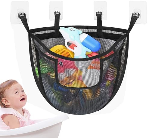Badkarsleksaksförvaring – nätorganiserare för badleksaker | Nät babykorg | en kapacitet och multifunktionell PVC-förvaringsväska med 4 krokar för badrum, skåp och vardagsrumsorganisering