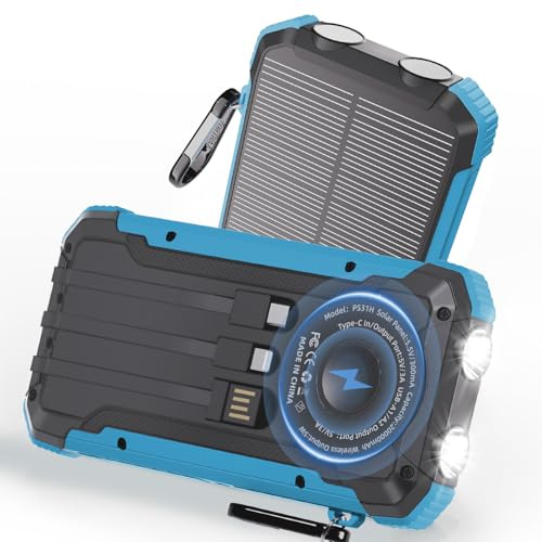Power Bank Caricabatterie solare portatile, batteria a ricarica rapida wireless, capacità 20000 mAh, ingresso USB-C, 6 uscite, doppia torcia a LED, batteria USB per cellulare, campeggio, viaggi