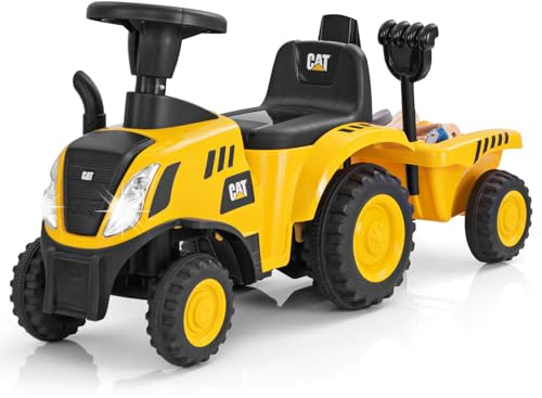 GYMAX Kids Tractor and Trailer, Children Sliding Toy Car with LED Lights, Horn, Rake and Shovel, Toddler Ride on Tractor for Boys Girls Age 12-36 Months