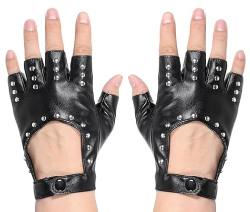 WLICCHS 1 Pair of Women's Fingerless Punk Gloves, Biker Rocker Motorcycle Gothic Leather Gloves with Studs for Cosplay Carnival Costume Accessories, Black