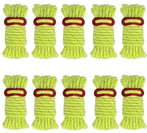 Guy Ropes, Tent Guy Ropes and Lines, 10 Pieces of Nylon with Fluorescent Green Colour, Camping Rope and Guide 4mm Diameter and 4 Metre Length Per Rope, Nylon Cord for Outdoor Use