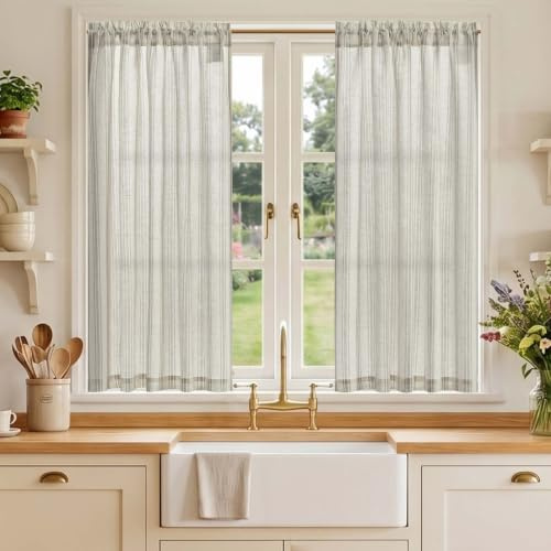 TOPICK Linen Look Kitchen Curtains, Cafe Curtains, W36 xL45 Grey Striped | 2 Panels Rod Pocket Light Filtering Curtains, Half Window Curtain 2 Drapes for Bedroom, Living Room, Cupboard Base, Sink