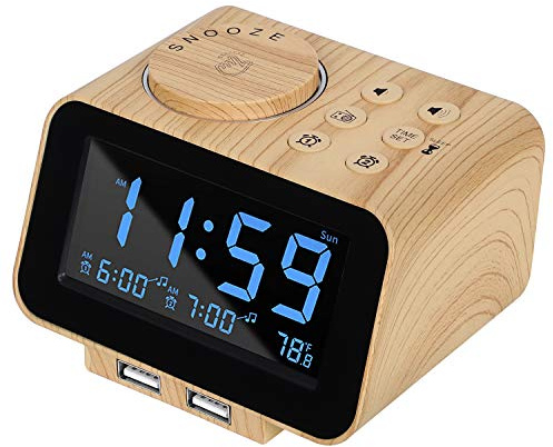 USCCE Digital Alarm Clock Radio - 0-100% Dimmer, Dual Alarm with Weekday/Weekend Mode, 6 Sounds Adjustable Volume, FM Radio w/Sleep Timer, 2 USB Charging Ports, Thermometer, Battery Backup(Wood Grain)
