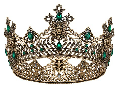 SWEETV King Crown for Men, Old Gold Men's Tiara Prince Diadem, Royal Medieval Costume Hair Accessories for Cosplay Birthday Wedding Halloween,Green