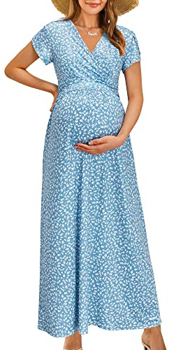 OUGES Maternity Maxi Dress Wrap Baby Shower Pregnancy Dresses for Photoshoot Maternity Outfits Summer Clothes 2026(Floral-3,XL)