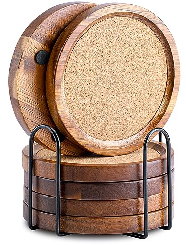 WLWNWFT Wood Cork Coasters for Drinks Absorbent with Holder, WLWNWFT Acacia Wood Coaster Sets Rustic Farmhouse for Coffee Table Dining Table Wooden Table Coasters for Desk, Set of 6 4.33in