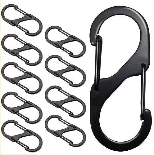 10-Piece S Clip Set - Carabiner Keyrings, Hook Clips, Black, for Camping, Traveling & Daily Use