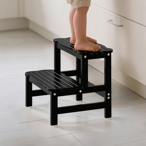 COSYLAND Sgabello Bagno Bambini in Bambù - Scaletta Bambini a 2 Gradini con Design a Nuvola, Antiscivolo, Scalino per Cucina, Toilette, Cameretta, Fino a 136 kg (Nero)