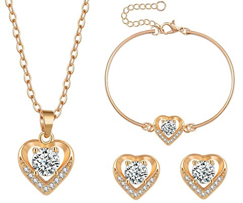 Rumnoke Jewellery Set for Women Cubic Zirconia Jewelry Set Necklace Bracelet and Earrings Set Gifts for Women Gold Heart