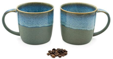 Pheniox Cappucino-Tassen-Set Ocean, 2 x 350 ml, Steingut, mit Henkel, spülmaschinenfest & mikrowellengeeignet, Geschenkbox