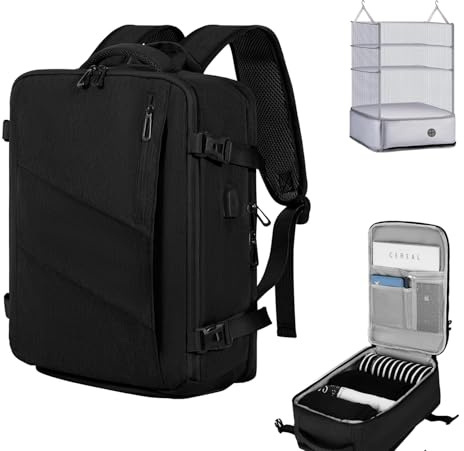 VOESLD Sac a Dos Voyage Cabine Avion 40x20x25 pour Ryanair, Sac a Dos avec Organisateur de Sac Suspendu, Sac à Dos Ordinateur Portable Sacs à Dos Loisir Noir 20L