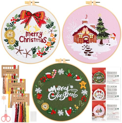 JSRQT 3 Pezzi Set da Ricamo per Principianti,Natale Ricamo Starter Kit Cucire Accessori Adulto Principianti,Christmas Embroidery Starter Kit