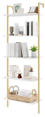 HOMASIS Scaffale a Scala a 5 Livelli, Libreria da Parete con Telaio in Metallo e Piedini Regolabili, Libreria a Muro con Protezione Anti-ribaltamento per Salotto, Ufficio (Bianco, 64 x 30 x 178 cm)