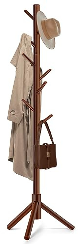 Freyawin Solid Wooden Coat Rack Freestanding, New Zealand Pine Coat Tree with 8 Hooks & 3 Adjustable Sizes for Coats, Hats, Handbags and Scarves, Space Saving for Entryway/Office/Bedroom (Brown)