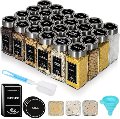 Danillous Square Spice Jar Set of 24-120ml Glass Containers with Leakproof Stainless Steel Shaker Lids | Includes 180 Pre-Printed Labels, Funnel & Brush