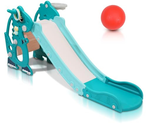 Peviasot Tobogán para niños, plegable, 4 en 1, incluye canasta de baloncesto, juego de lanzamiento de anillos y dispositivo de transporte temprano inglés, para niños de 1 a 6 años, tobogán interior y